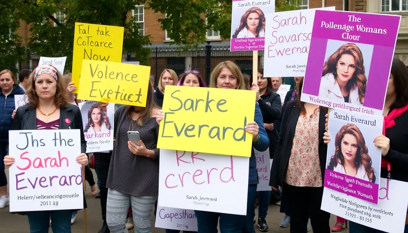 A group of protesters holds signs demanding justice for Sarah Everard during a vigil in London, reflecting the public's outrage over violence against women.