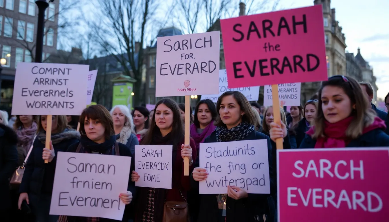 Activists gathering to discuss the implications of Sarah Everard's case on public safety and women's rights