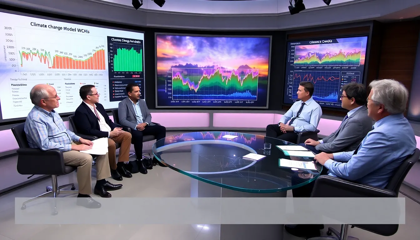 A group of scientists discusses climate change models during a live broadcast of BBC Inside Science, with charts and data displayed on screens behind them.
