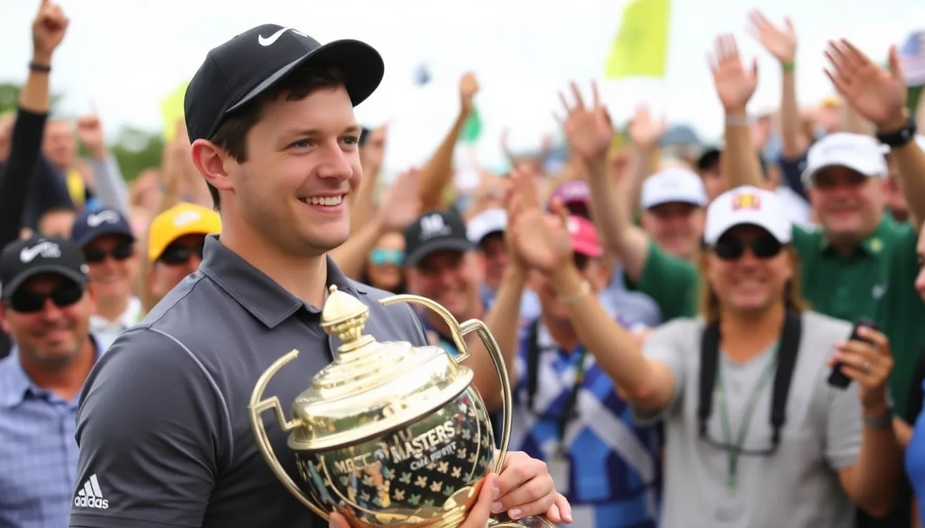 Rory McIlroy smiles as he holds the Masters trophy, surrounded by fans celebrating his historic victory in a vibrant outdoor setting.