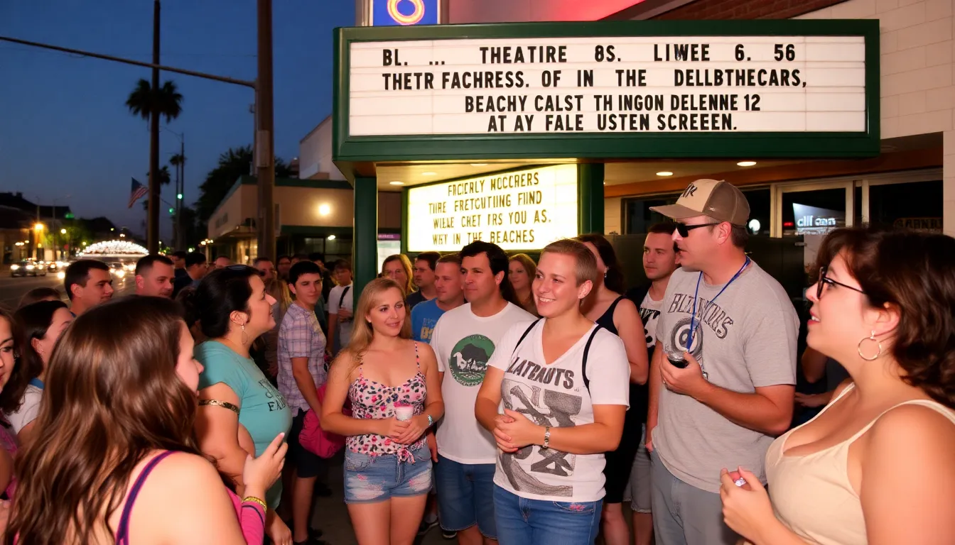 A crowd of fans gathers at a local theater, eagerly discussing their favorite moments from the classic film Beaches during a special screening event.