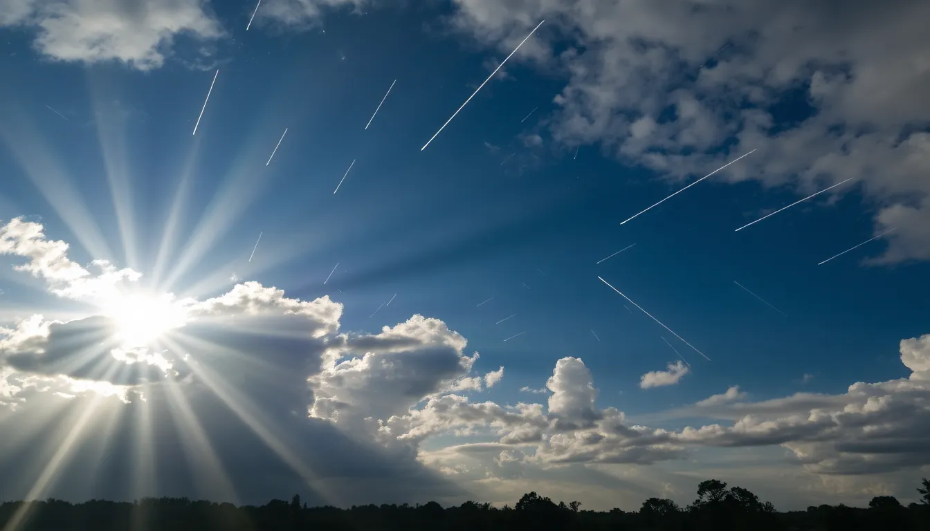 A vibrant night sky is illuminated by multiple meteors streaking across, while rays of sunlight break through scattered clouds, creating a stunning contrast after a rainstorm.