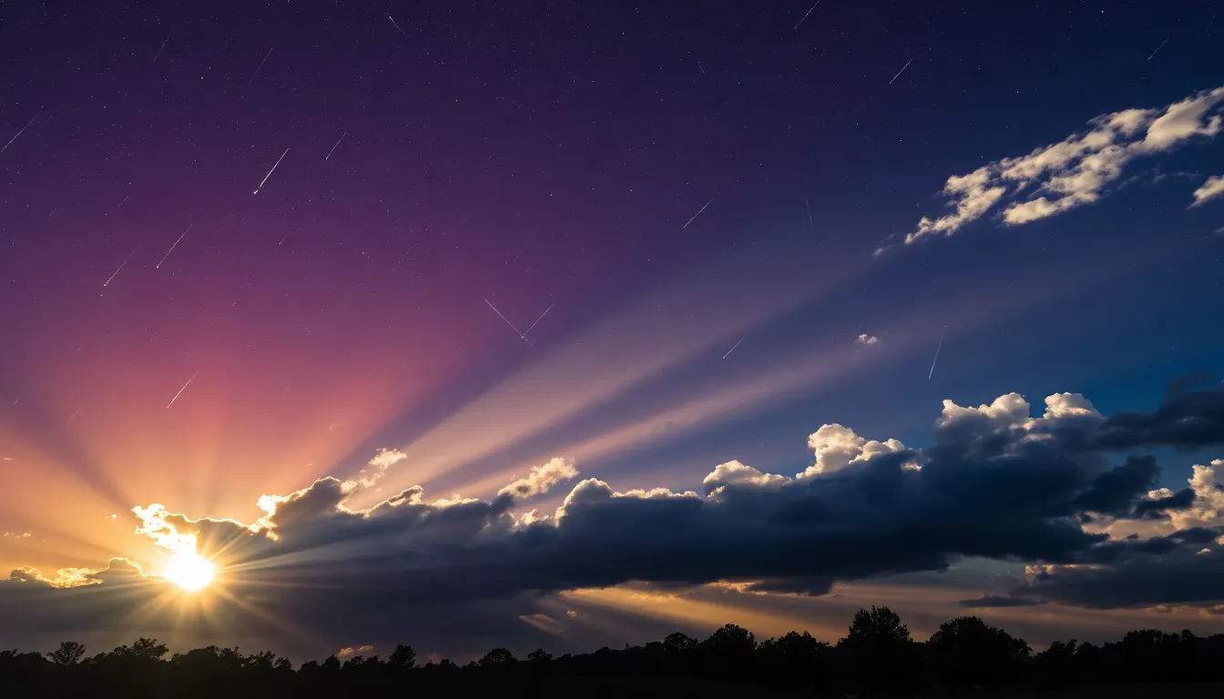 Sunlight streams through gaps in dark clouds, creating stunning crepuscular rays that illuminate the sky following a rainstorm