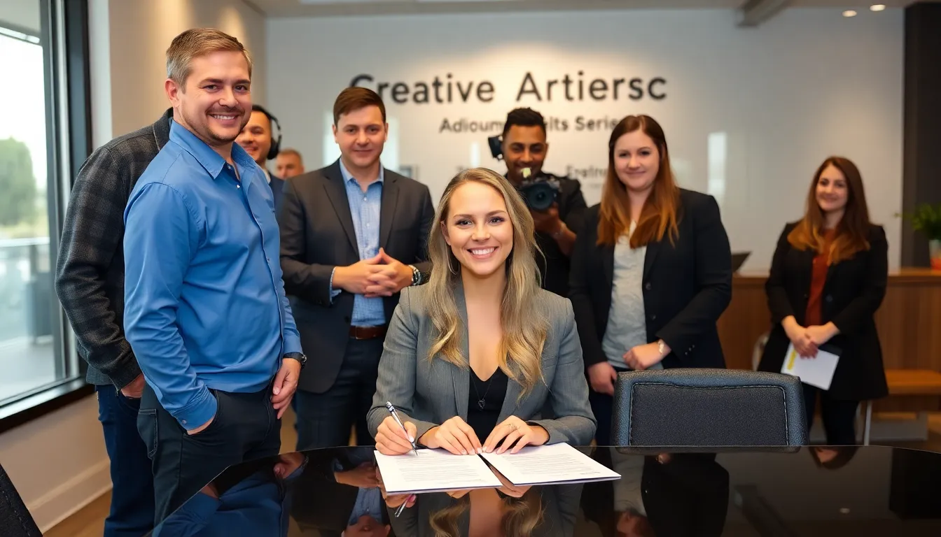Becky Armstrong smiles as she signs her contract with Creative Artists Agency, surrounded by industry professionals in a modern office setting.