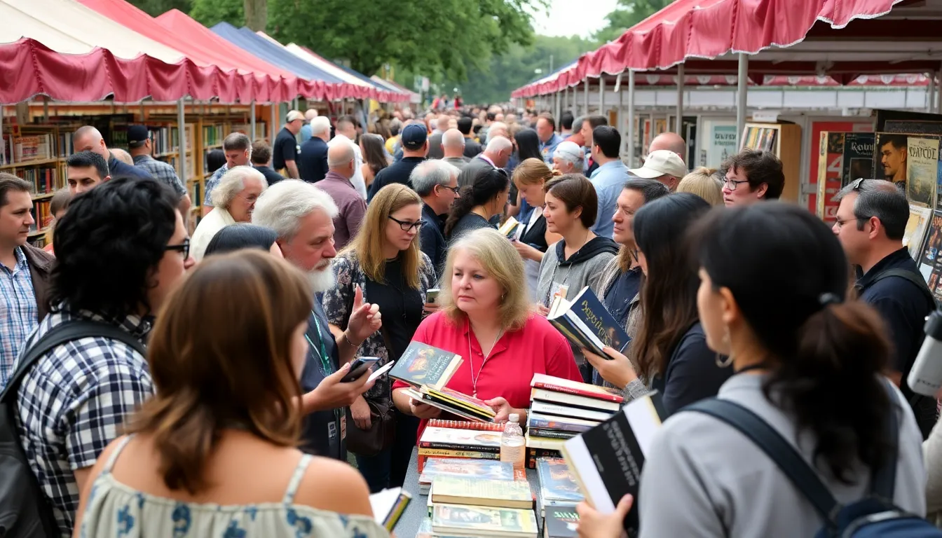 A diverse group of authors and fans gather at a literary convention, engaging in discussions about the latest trends in science fiction, fantasy, and horror literature.