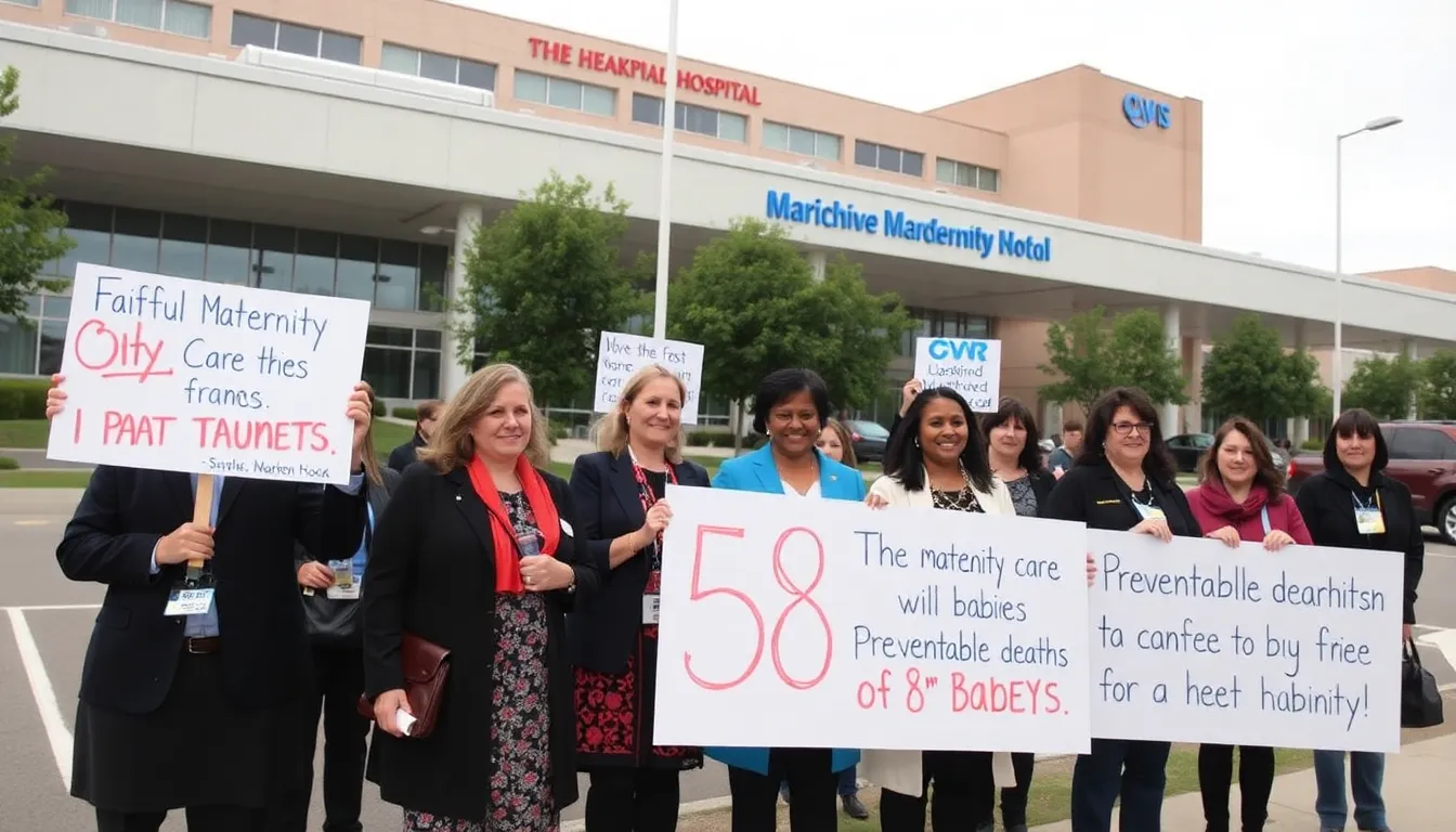a group of healthcare professionals and advocates gathered outside a hospital, holding signs demanding better maternity care and accountability for the preventable deaths of 58 babies.