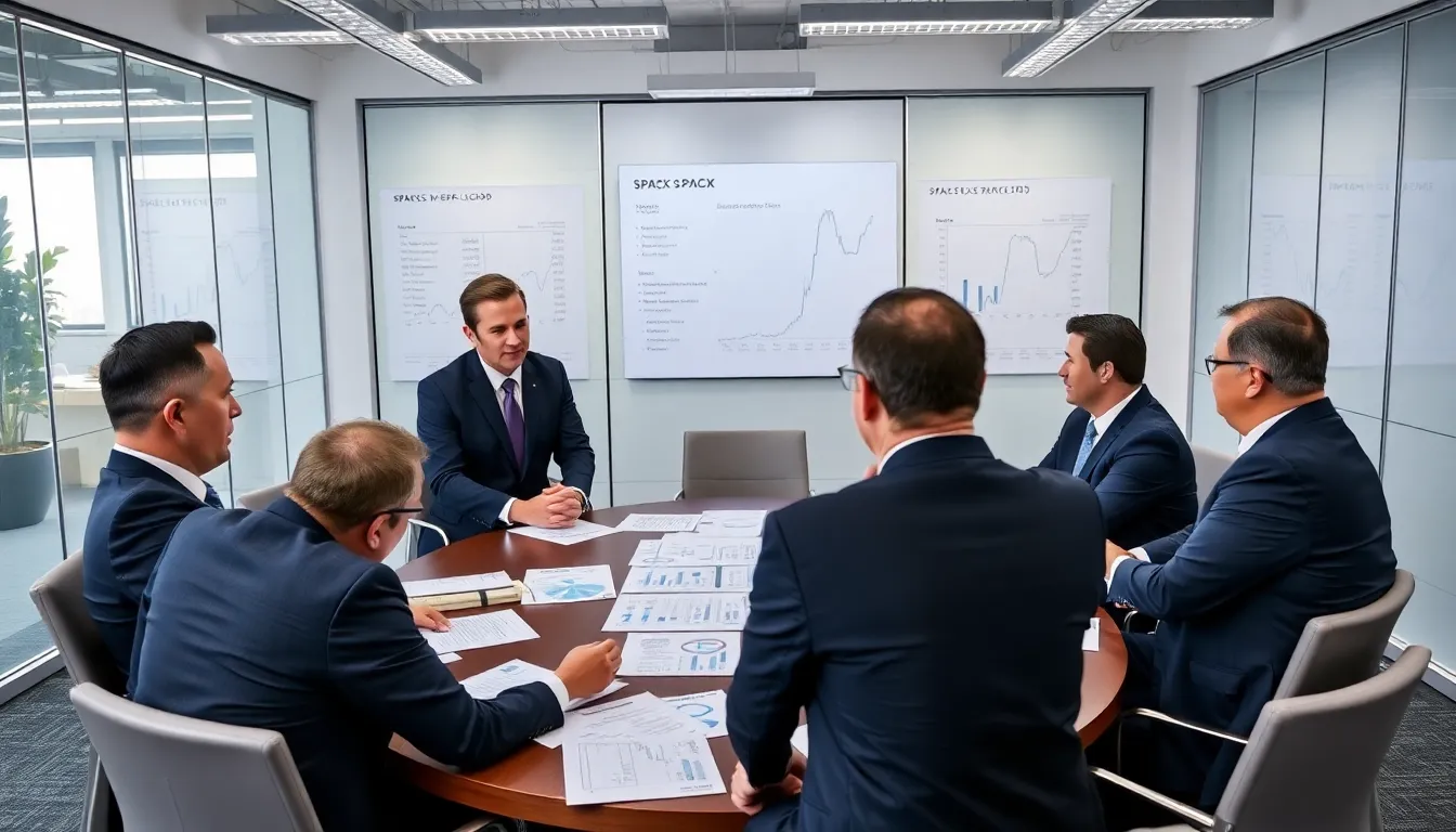A group of financial executives in suits discusses strategies at a conference table, with charts and documents related to SpaceX's upcoming I.P.O. spread out before them.