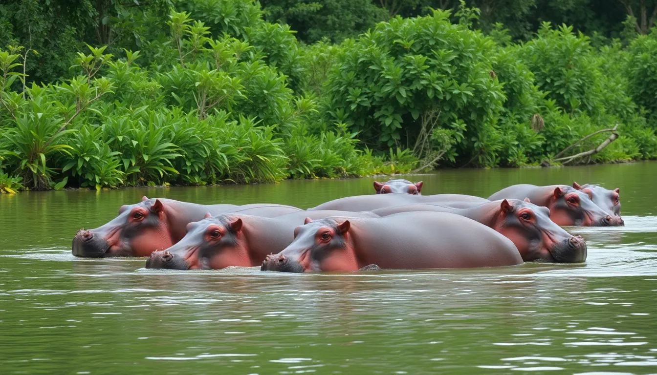 A group of hippos wades in a river in Colombia, surrounded by lush greenery, as discussions about their relocation to a private zoo gain attention.