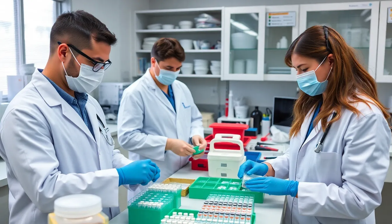 Researchers in lab coats prepare for a clinical trial of a bird flu vaccine, surrounded by medical equipment and vials in a sterile environment.