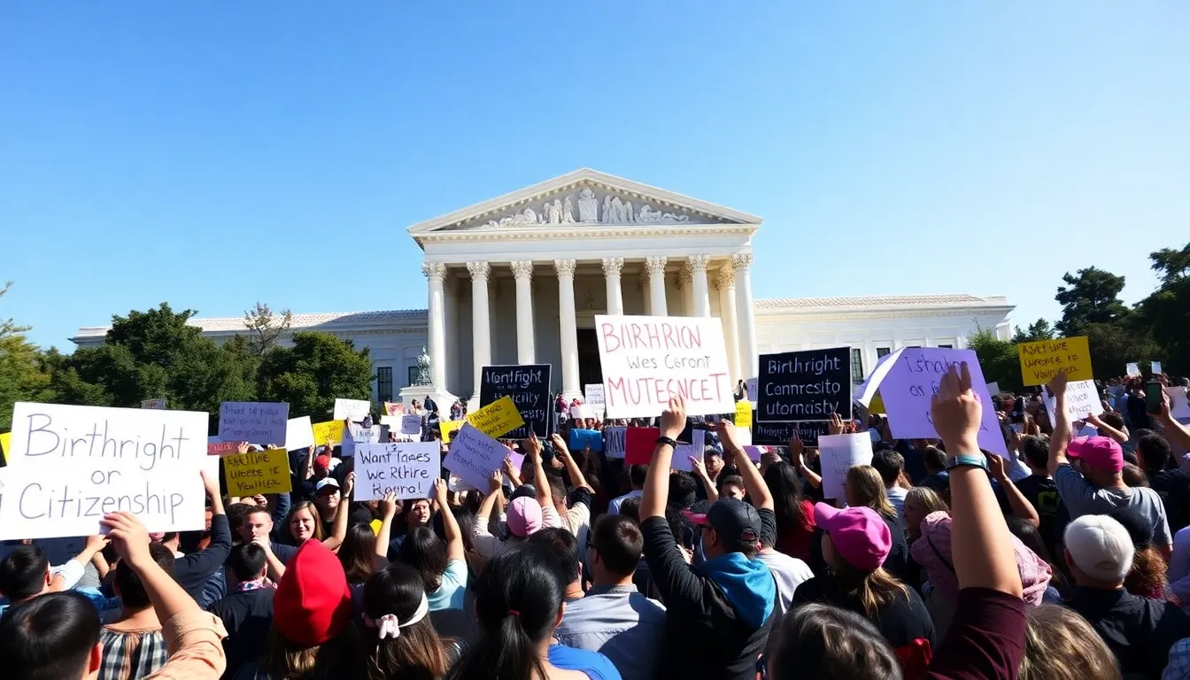 Hundreds of activists gather outside the Supreme Court, holding signs and chanting in support of birthright citizenship during a rally focused on immigration rights.