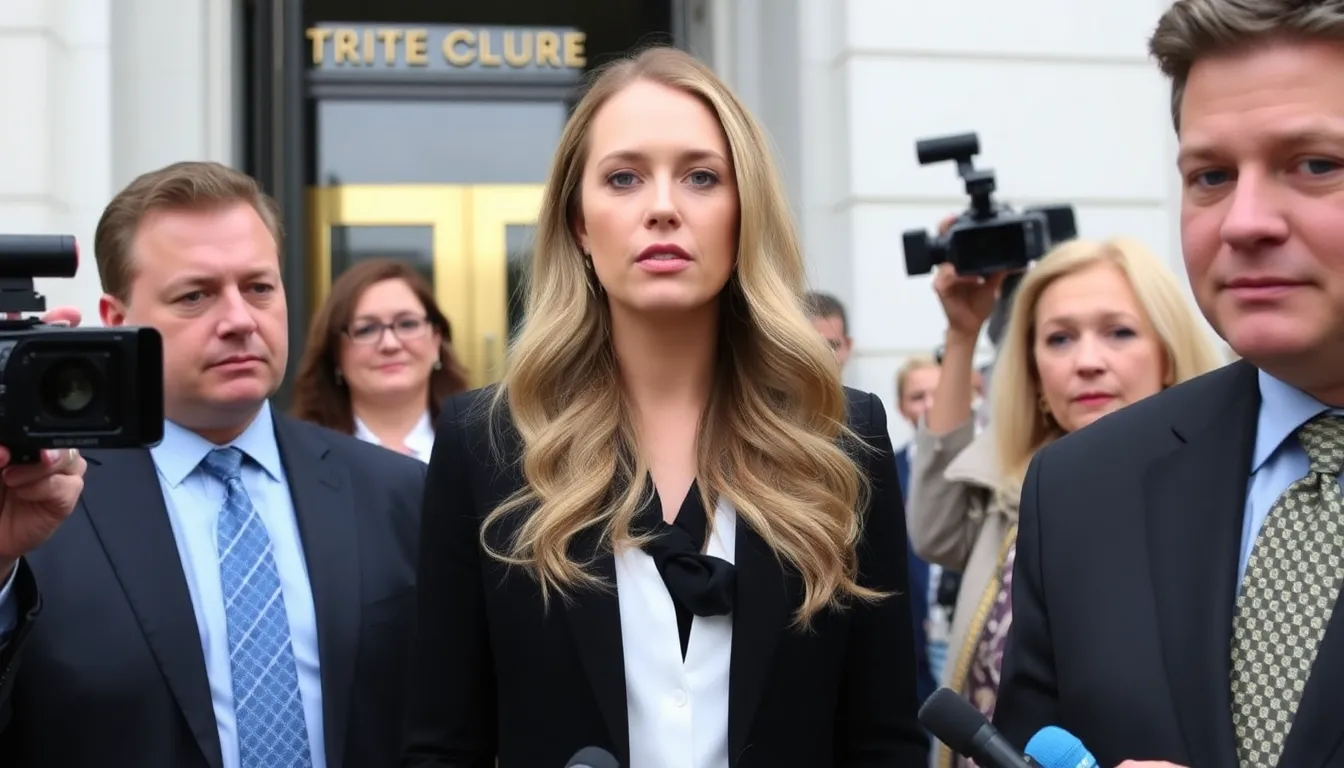Blake Lively stands outside the courthouse, flanked by her legal team, as she prepares to address the media about her trial concerning digital violence.