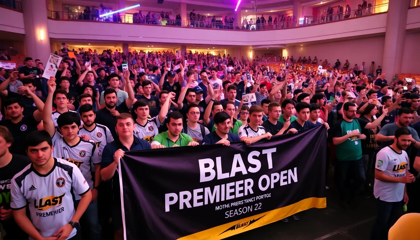 Fans gather in a vibrant Porto venue, eagerly anticipating the start of the BLAST Premier Open Season 2 esports tournament featuring top CounterStrike Global Offensive teams.