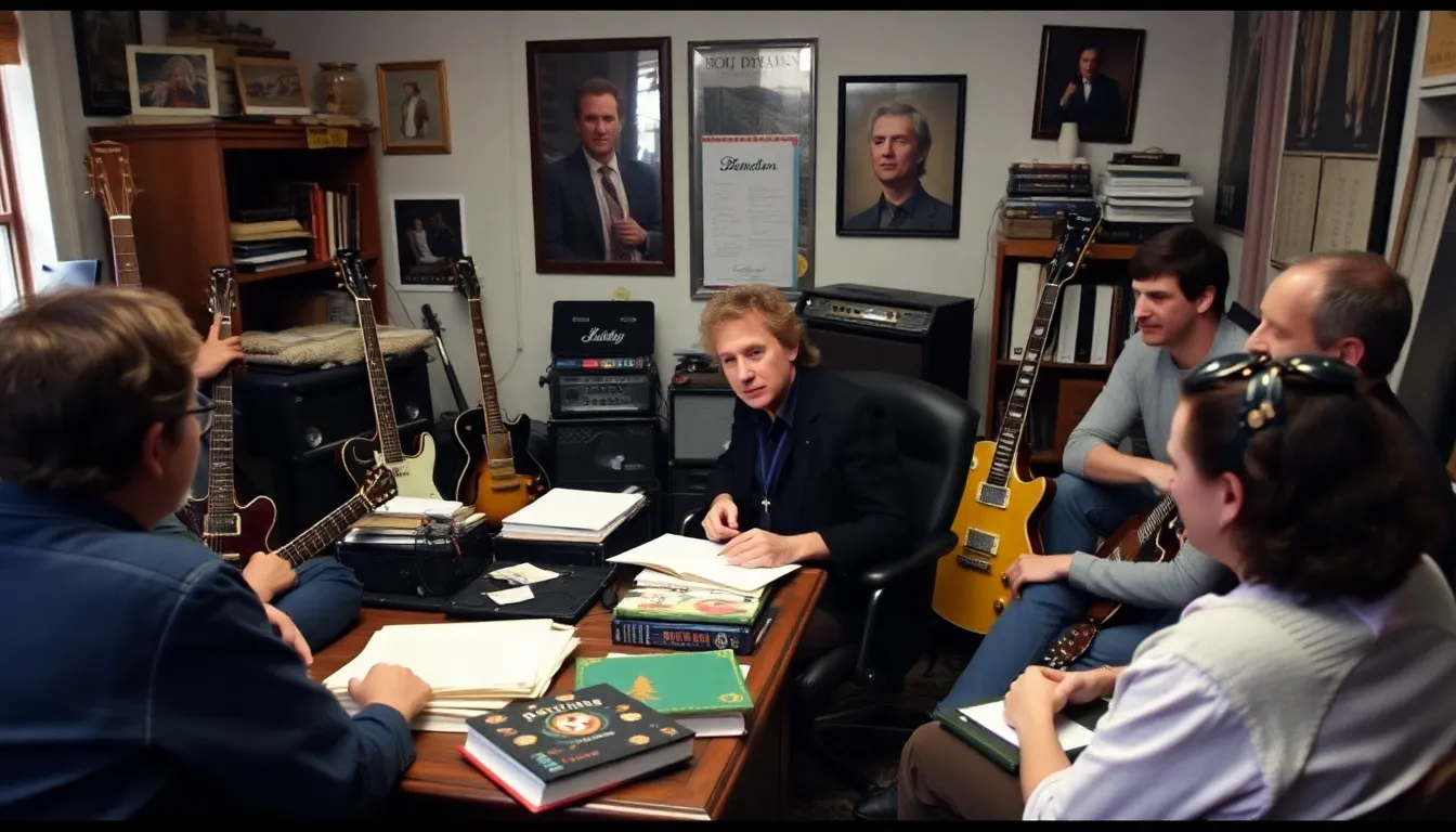 Bob Dylan sits at a desk surrounded by musical instruments and books, discussing his new Patreon venture with a small group of attentive fans.