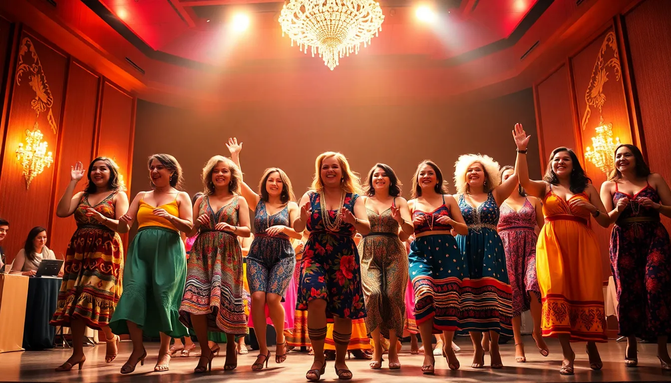 A diverse group of women of various ages joyfully dances together on stage during a vibrant performance of 'Boho', celebrating creativity and empowerment.