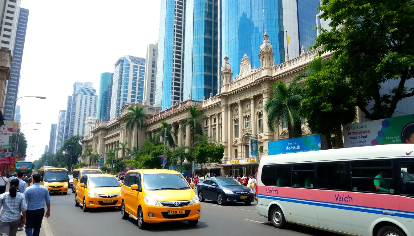 A busy street in Mumbai showcases a mix of modern skyscrapers and historic buildings, with pedestrians and vehicles navigating the bustling urban landscape.