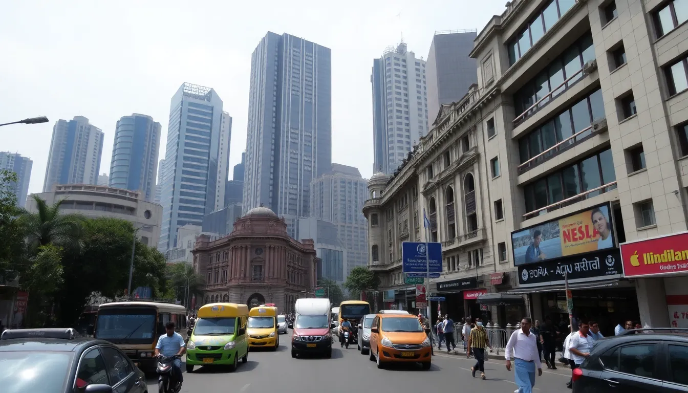An aerial view of Mumbai's skyline featuring a mix of historic buildings and modern skyscrapers, representing the city's rich architectural heritage and urban development