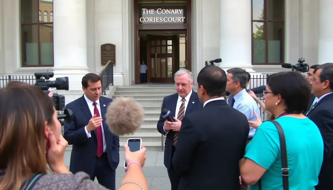 A court building is shown with reporters gathered outside, discussing the recent ruling on the Bondi gunman case as legal proceedings continue.