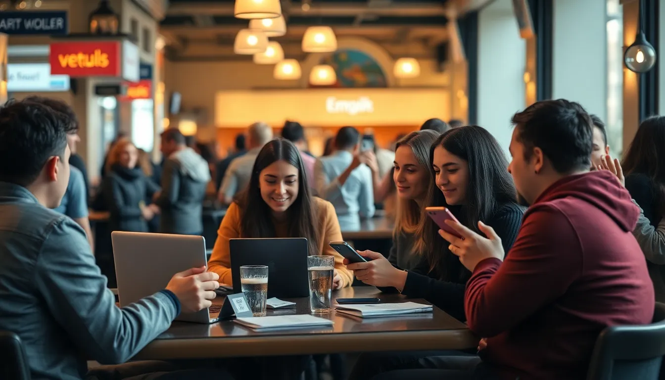 a group of young adults gathers at a bustling café in a foreign city, discussing their plans for relocation while glancing at their laptops and smartphones.