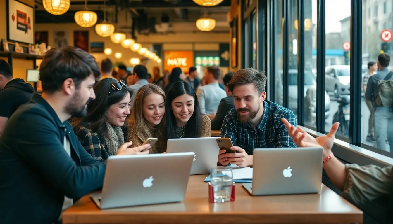 A group of remote workers collaborating at a café, illustrating the flexibility and opportunities available to those who choose to work while living in a different country