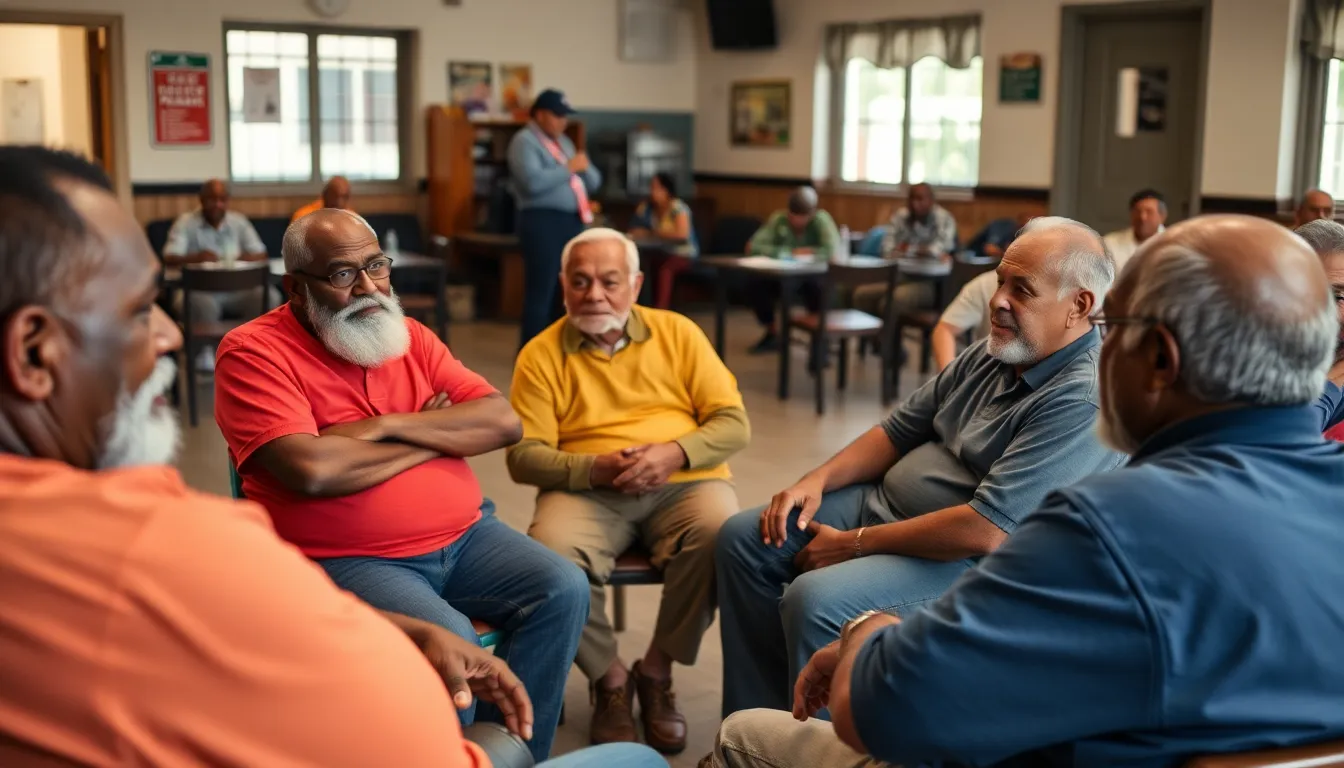A group of retired boxers gathers in a community center, sharing stories and discussing their struggles with financial instability and lack of support after leaving the sport.