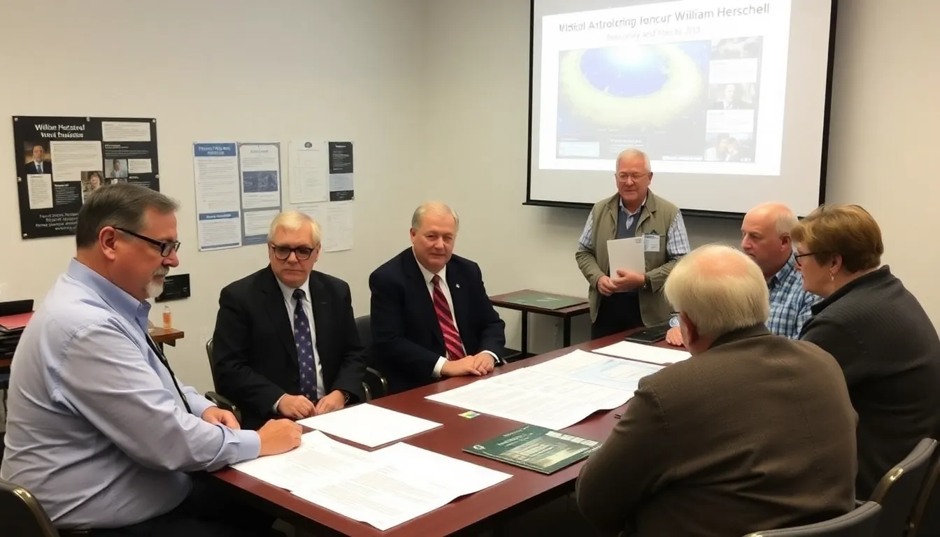A group of local officials and museum representatives gather to discuss plans for an astronomy project dedicated to William Herschel, celebrating the recent grant awarded to enhance educational programs and exhibitions.