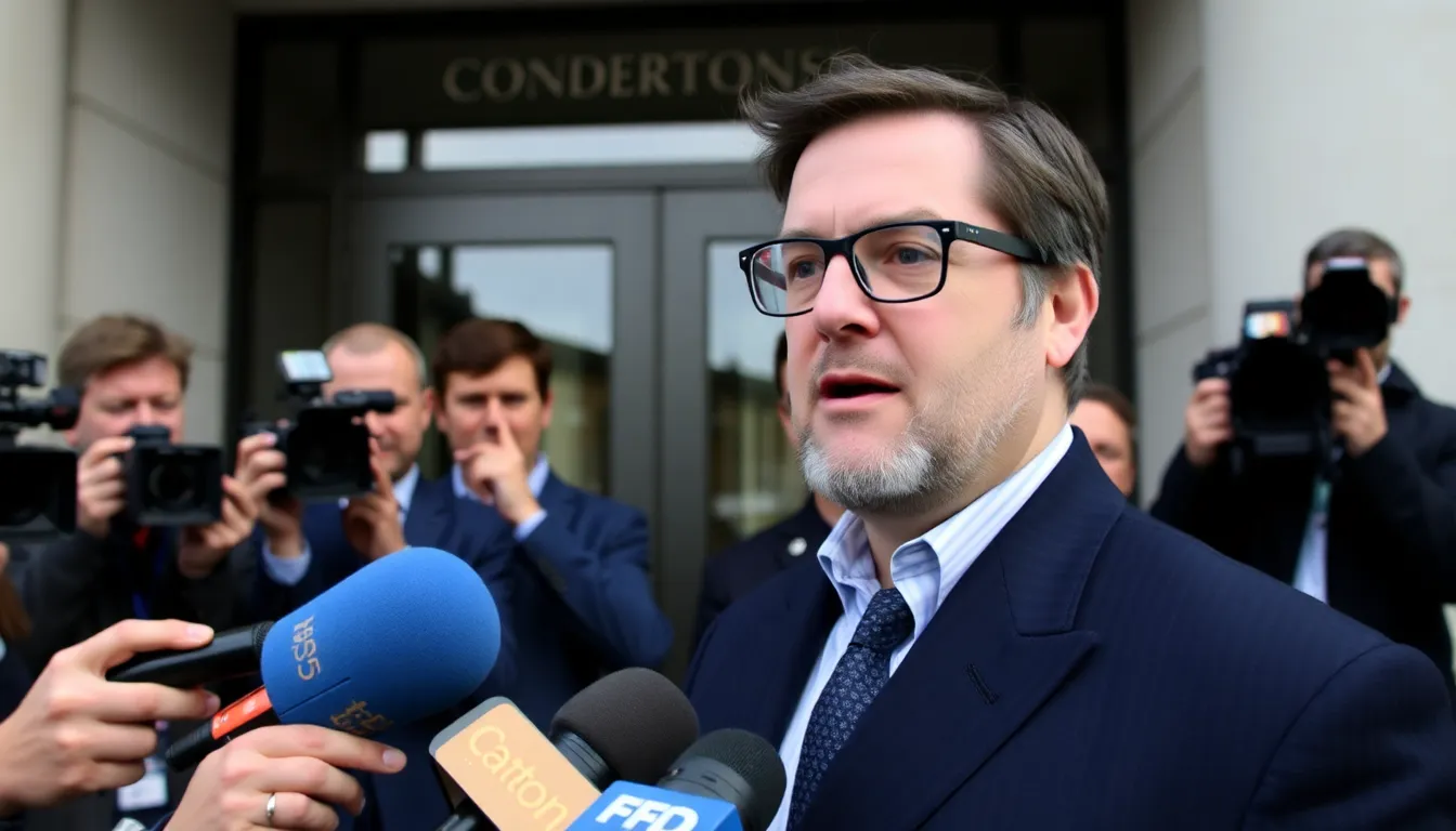 Craig Wright speaks to reporters outside a courthouse, surrounded by cameras and onlookers, as he denies being Satoshi Nakamoto, the creator of Bitcoin.