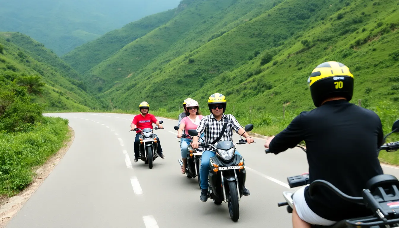 A group of tourists wearing helmets rides motorbikes along a winding road surrounded by lush green hills in northern Vietnam.