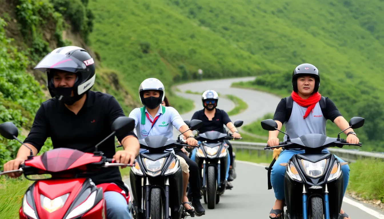 Tourists navigating Vietnam's bustling streets on motorbikes, highlighting the popularity of this mode of transportation among travelers