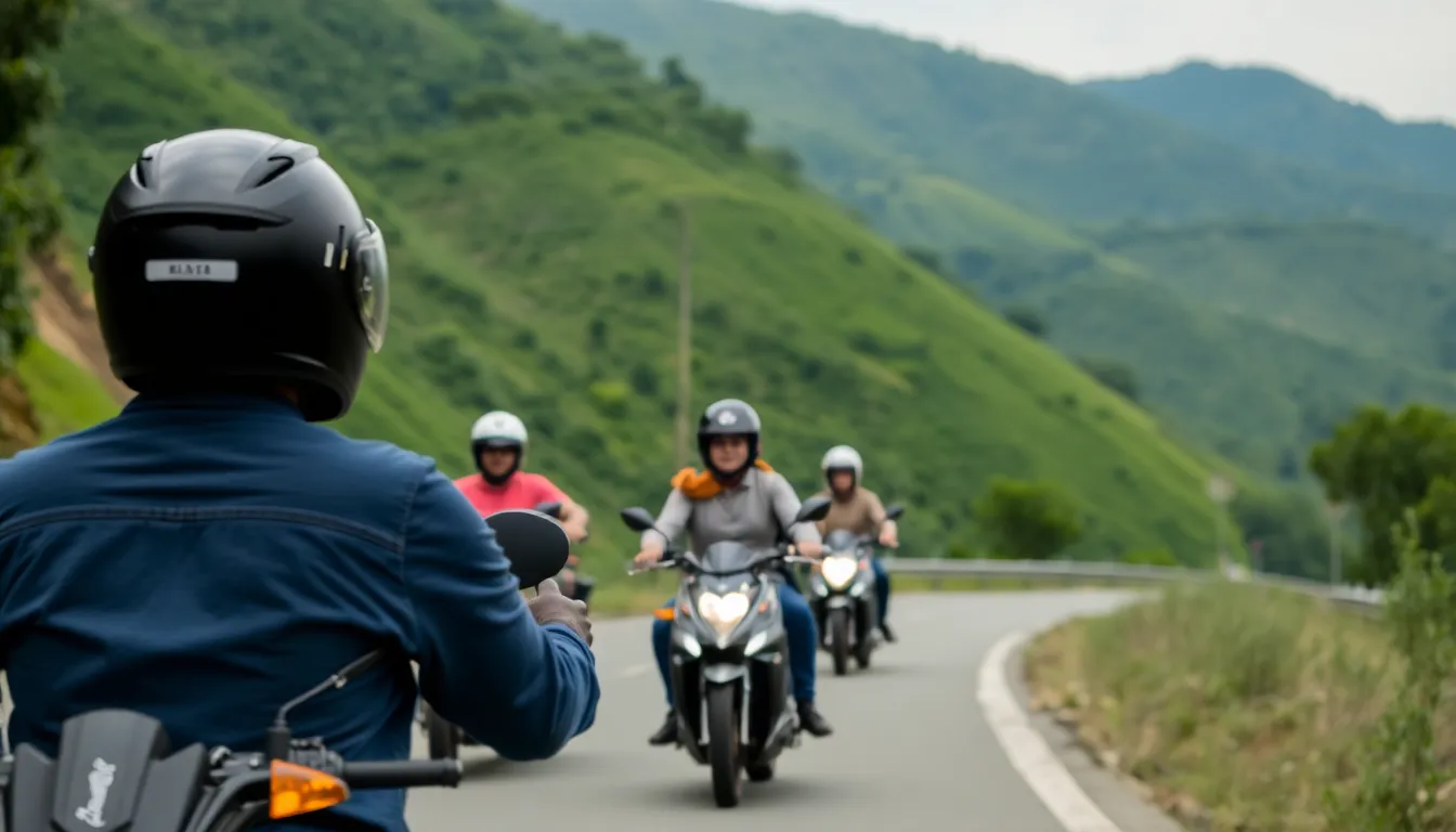 A local motorbike rental shop filled with various motorcycles, reflecting the thriving tourism industry and the importance of safety measures for renters