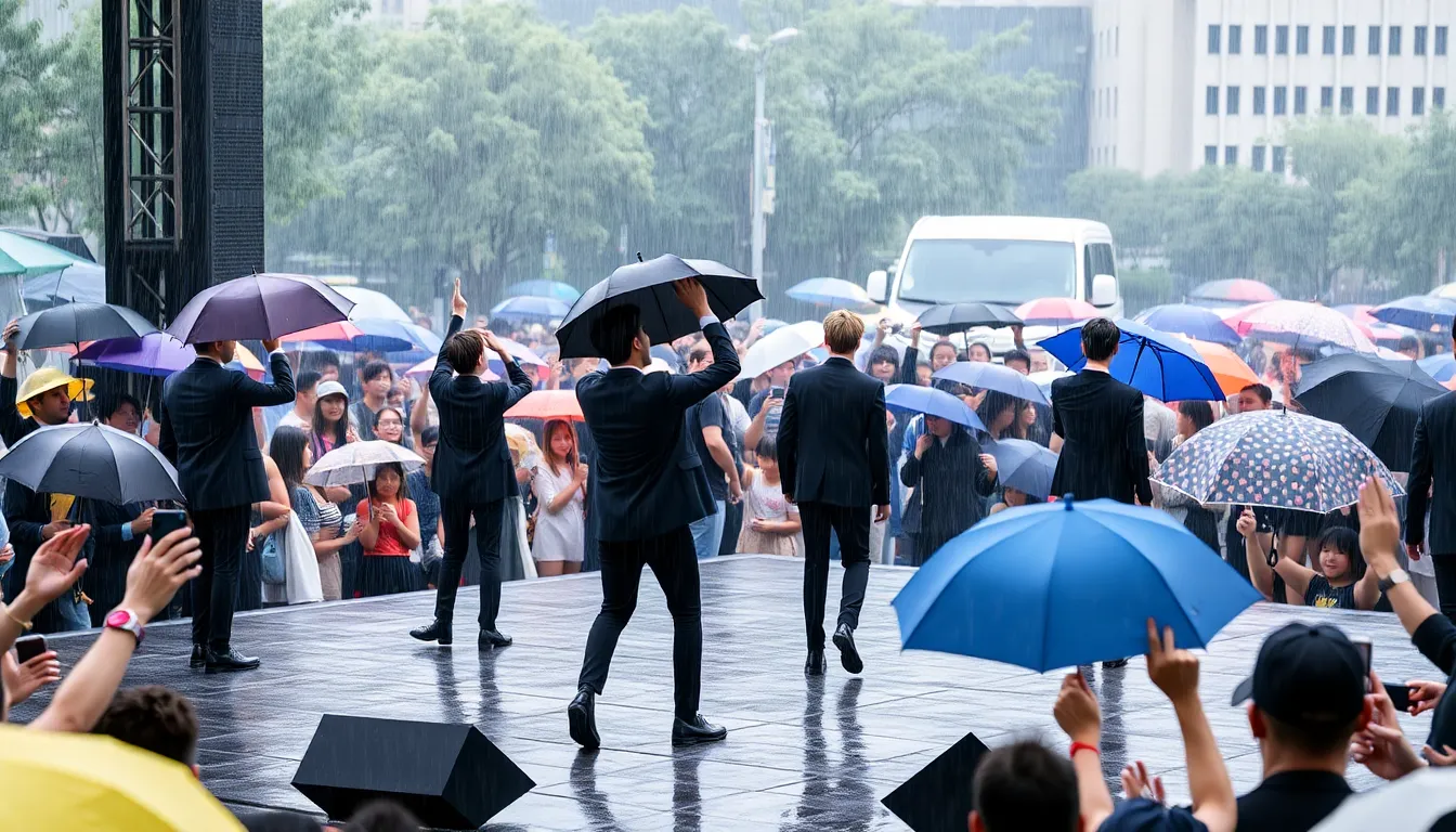 The concert stage is meticulously prepared with safety measures in place, showcasing the commitment to fan wellbeing amidst challenging weather conditions