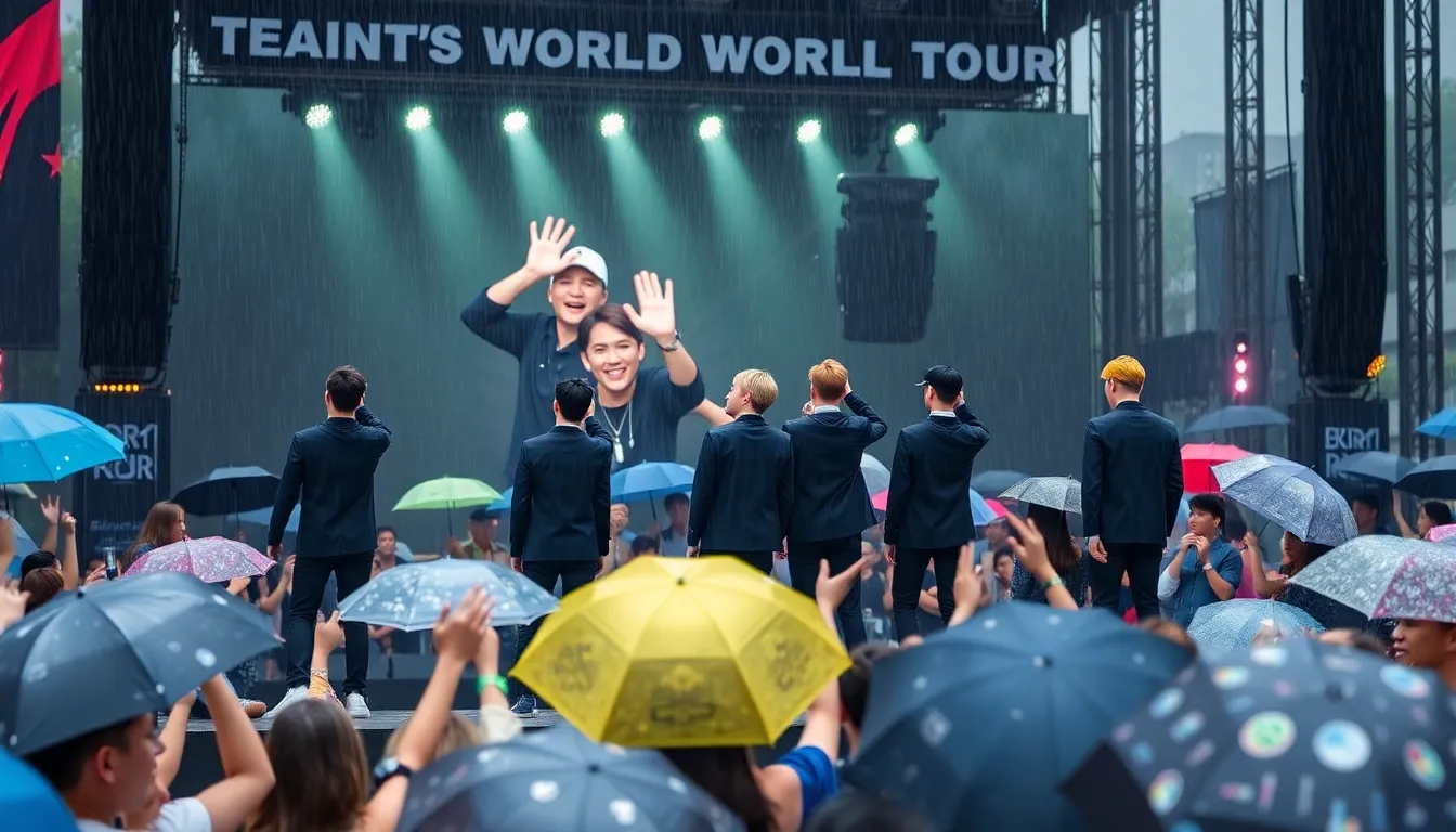 BTS performs energetically on stage, captivating the audience despite the torrential downpour, exemplifying their resilience as global superstars