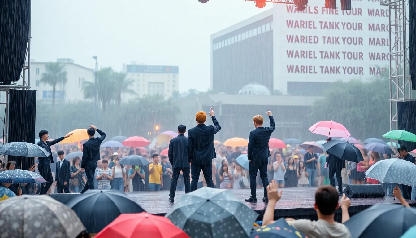 Attendees navigate through puddles and rainsoaked grounds, highlighting the determination of ARMY to experience the longawaited world tour of their favorite artists