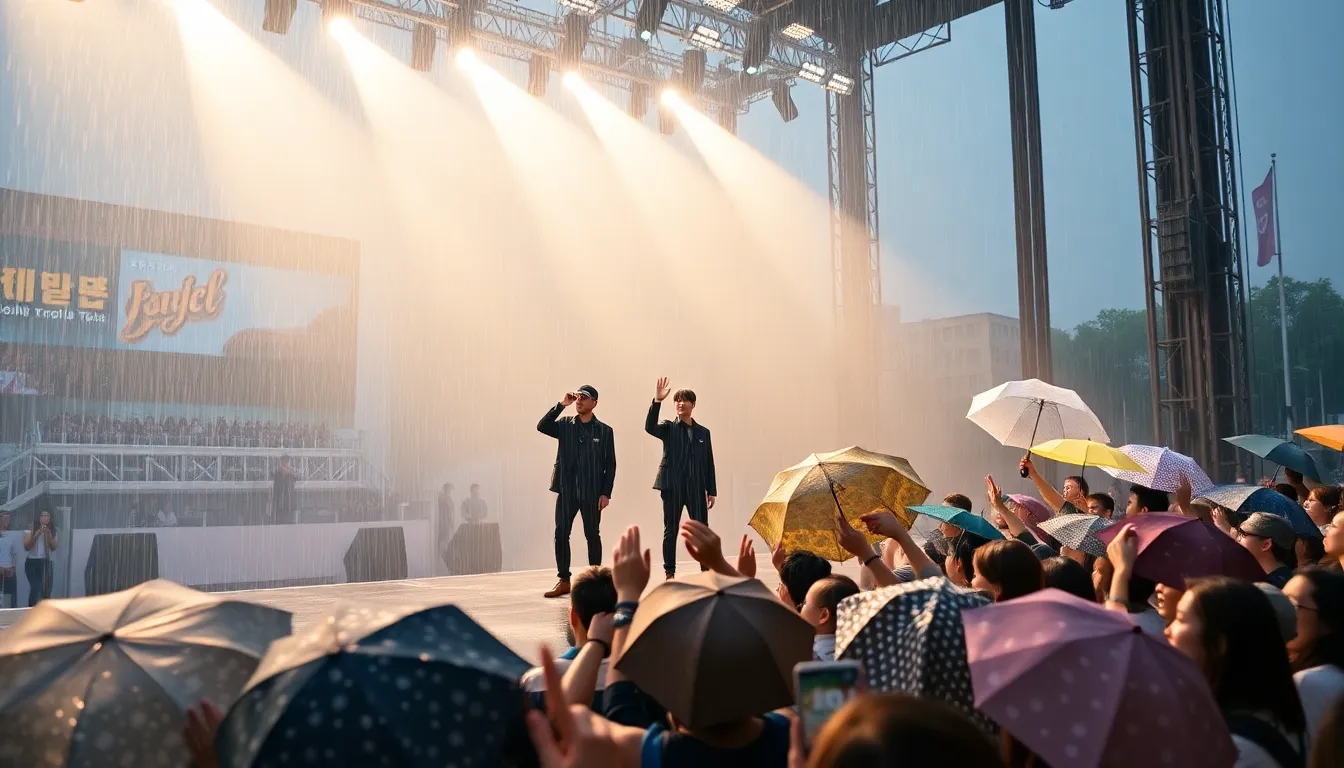 BTS performs on stage in the pouring rain as dedicated fans cheer them on during the launch of their world tour in Seoul.