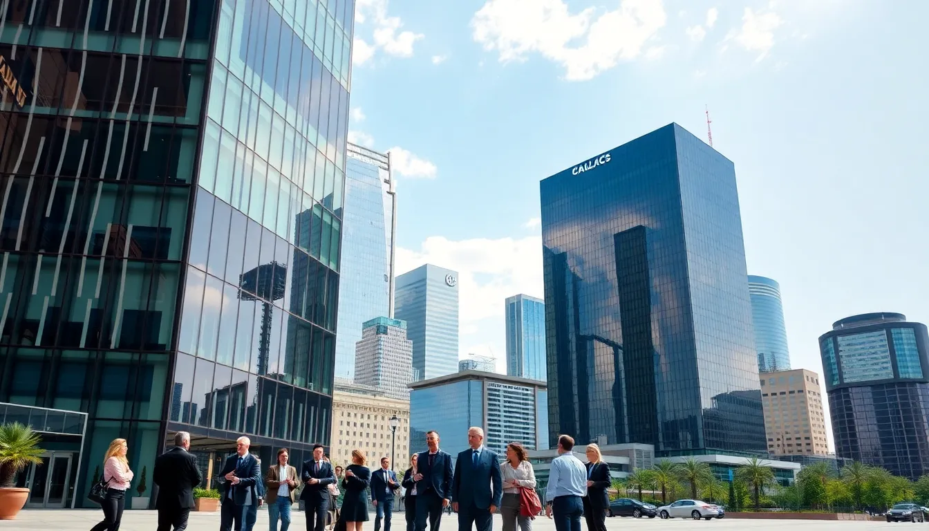 A bustling Dallas skyline showcases new office buildings as financial professionals network outside a modern highrise, highlighting the city's growing status as a competitor to New York in the finance sector.