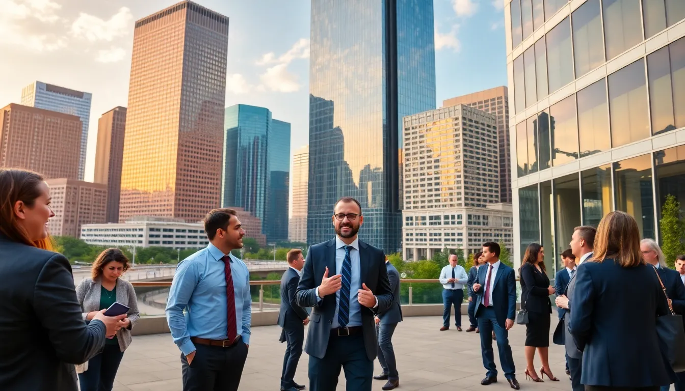 A busy street scene in Dallas featuring new construction projects and vibrant businesses, illustrating the city's efforts to attract financial firms and stimulate economic growth