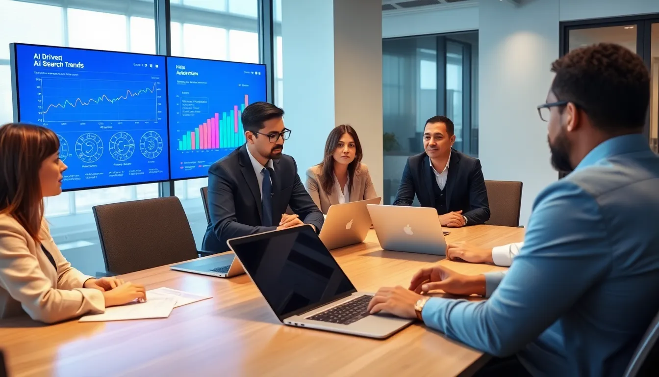A group of business professionals discusses strategies in a modern office, highlighting the urgency to adapt to AIdriven search trends for improved online visibility.