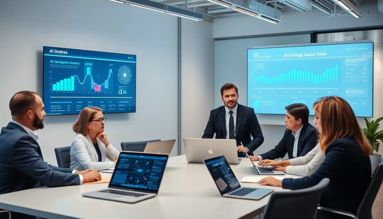 A diverse team collaborating around a conference table, discussing the challenges and opportunities presented by the rise of AI in the digital marketplace