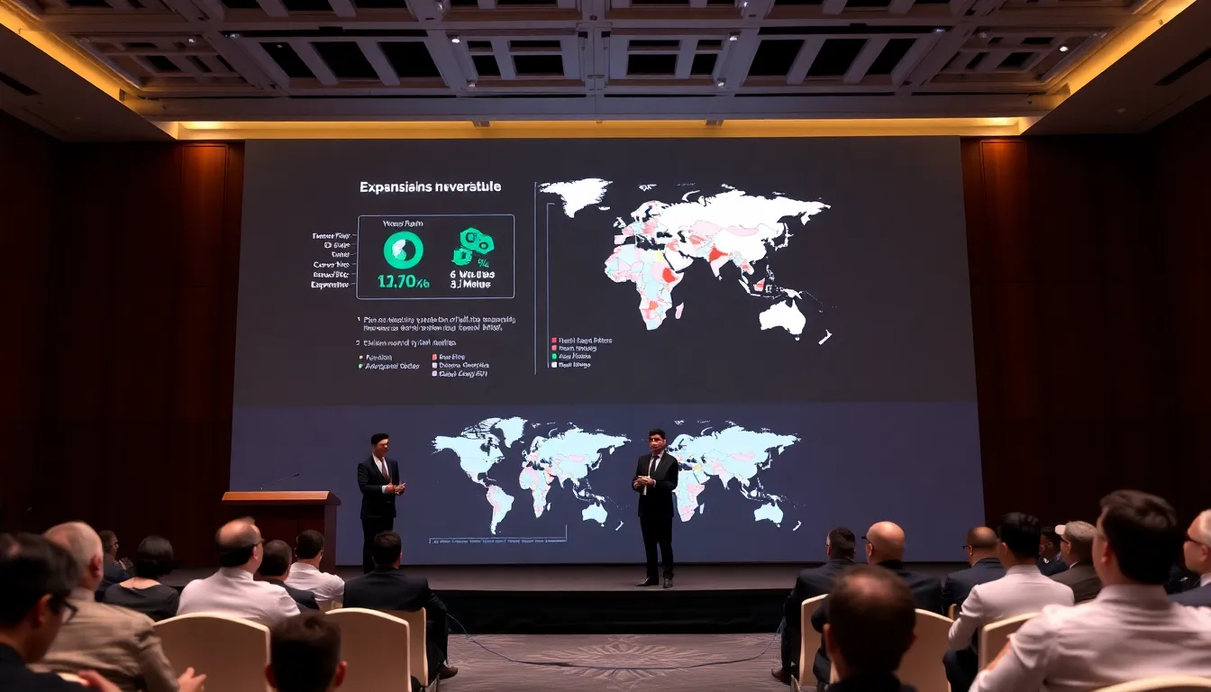 A group of BYD executives presents their strategic plans at an investor conference, highlighting the company's focus on expanding in European, Asian, and Latin American markets.