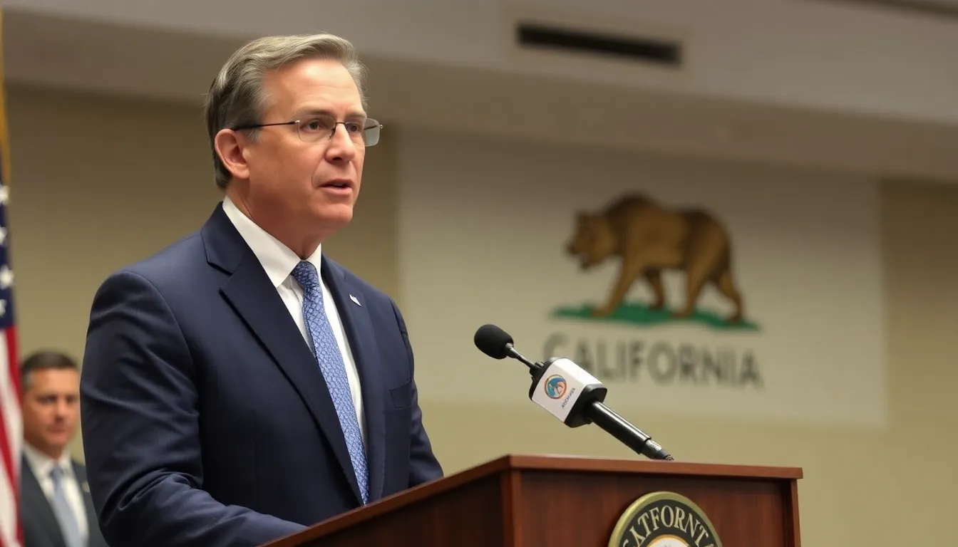 California's Attorney General speaks at a press conference announcing the state's legal complaint against Amazon for alleged price fixing, with a backdrop of the state seal and reporters in attendance.