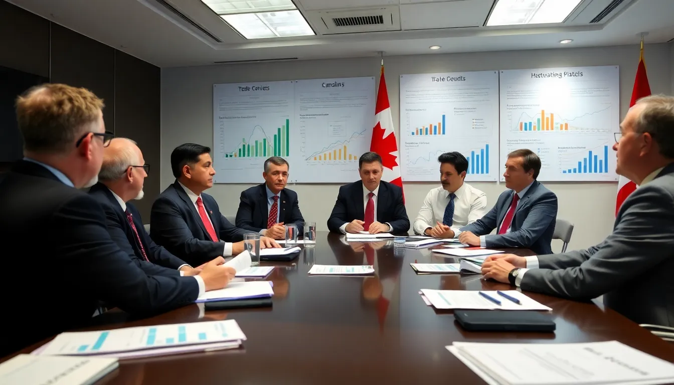 A group of Canadian officials discusses trade strategies in a conference room, surrounded by charts and documents outlining economic challenges and opportunities.