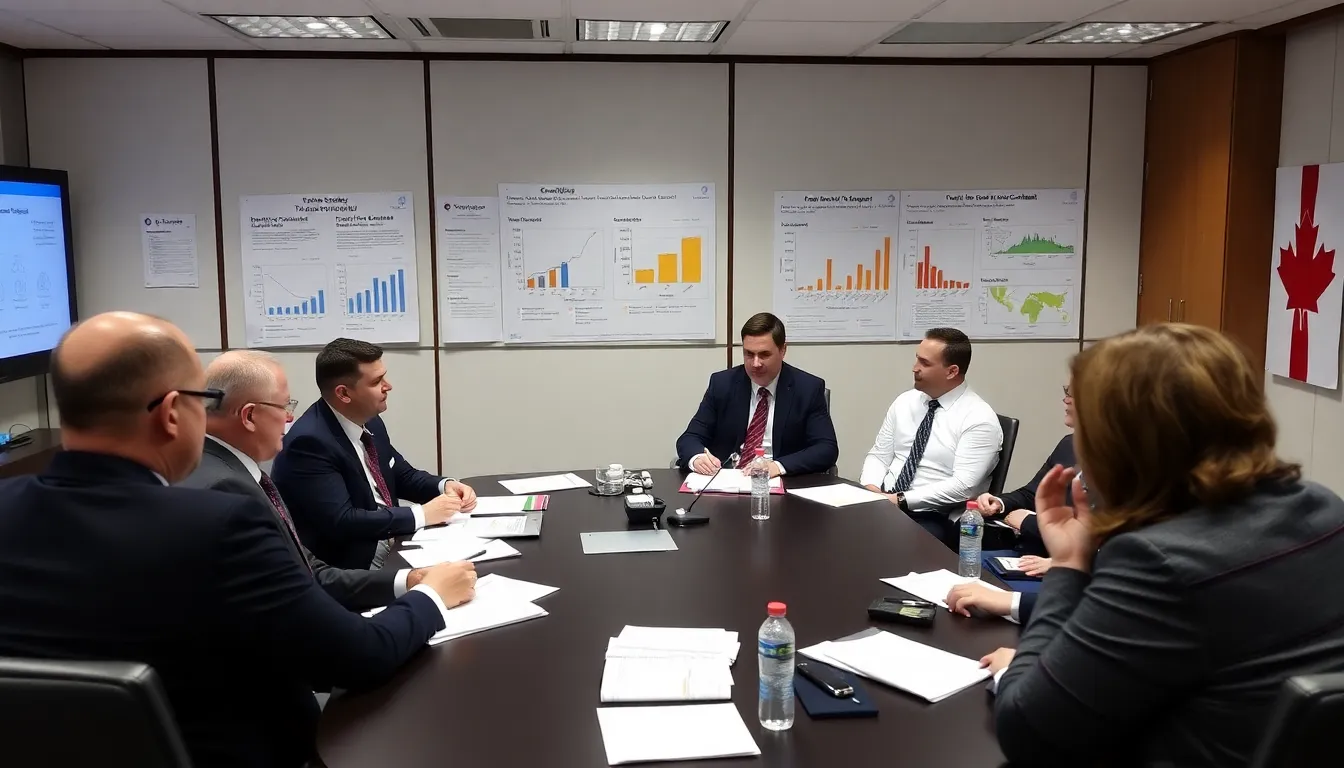 Business leaders from various industries collaborating at a conference, discussing strategies to navigate the complexities of trade agreements and their implications for the Canadian economy