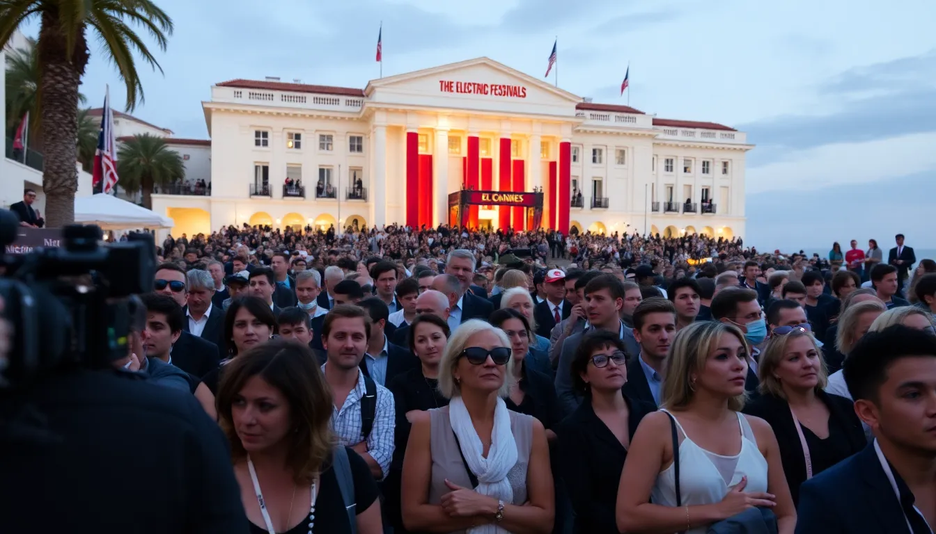 A crowd of film enthusiasts and industry professionals gathers outside the Palais des Festivals in Cannes, eagerly awaiting the premiere of The Electric Kiss as the festival kicks off.