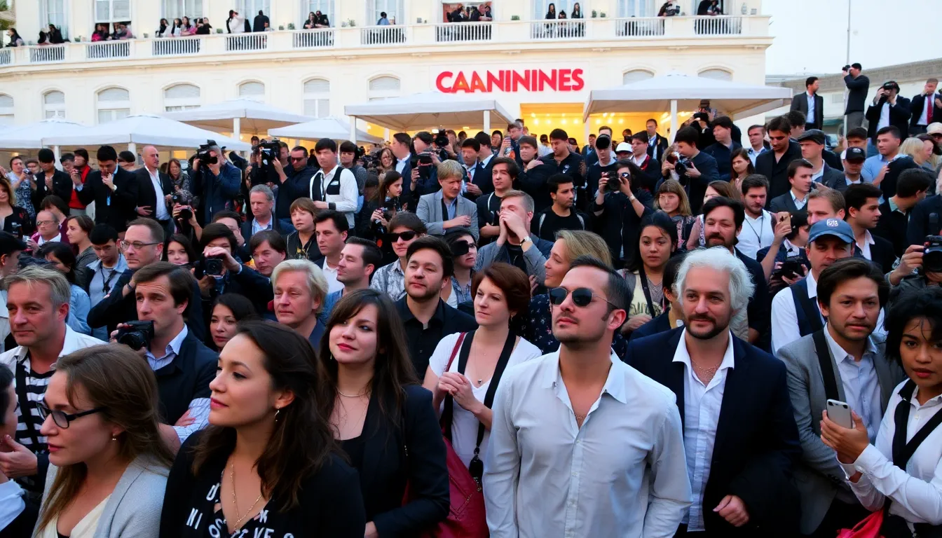 A group of filmmakers and industry professionals discussing the artistic themes and cultural relevance of 'The Electric Kiss' in a lively festival setting