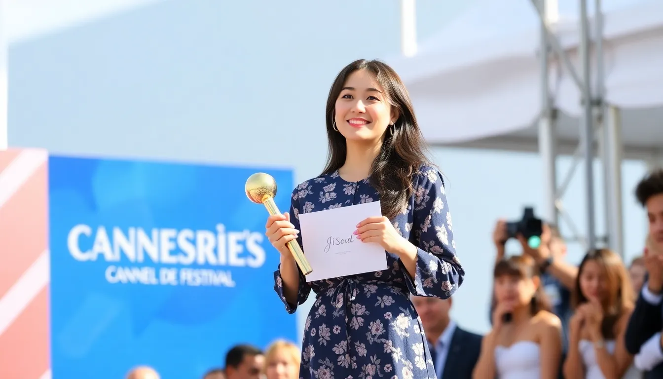 Jisoo stands on stage at the Canneseries festival, holding her award and smiling as she addresses the audience with gratitude for her fans.