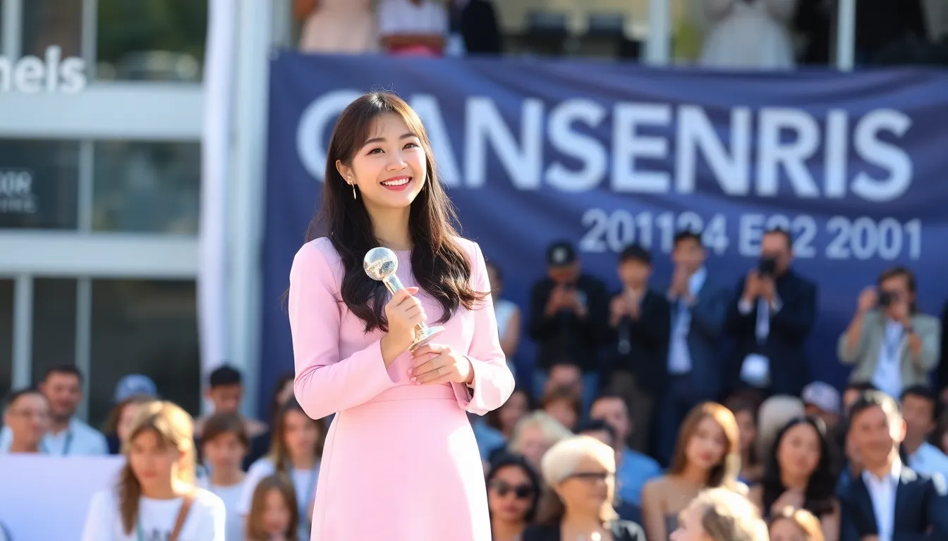 A closeup of Jisoo smiling brightly while receiving her award, symbolizing her successful transition from music to acting and her dedication to evolving as an artist
