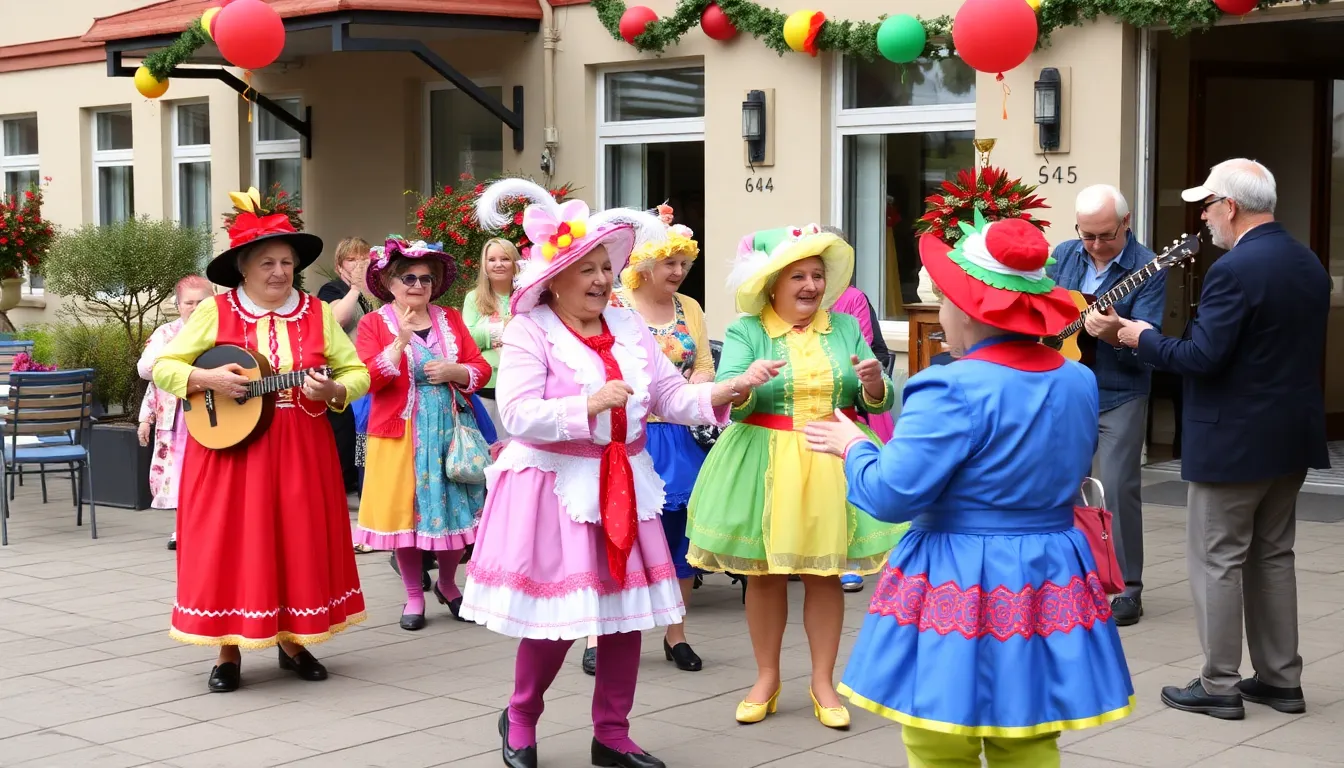 Residents of a Hungarian retirement home joyfully participate in Carnival celebrations, adorned in colorful costumes while engaging in music and dance activities.