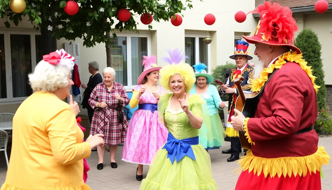 A group of seniors, dressed in colorful costumes, share laughter and stories, embodying the joy and sense of community that Carnival brings to their lives