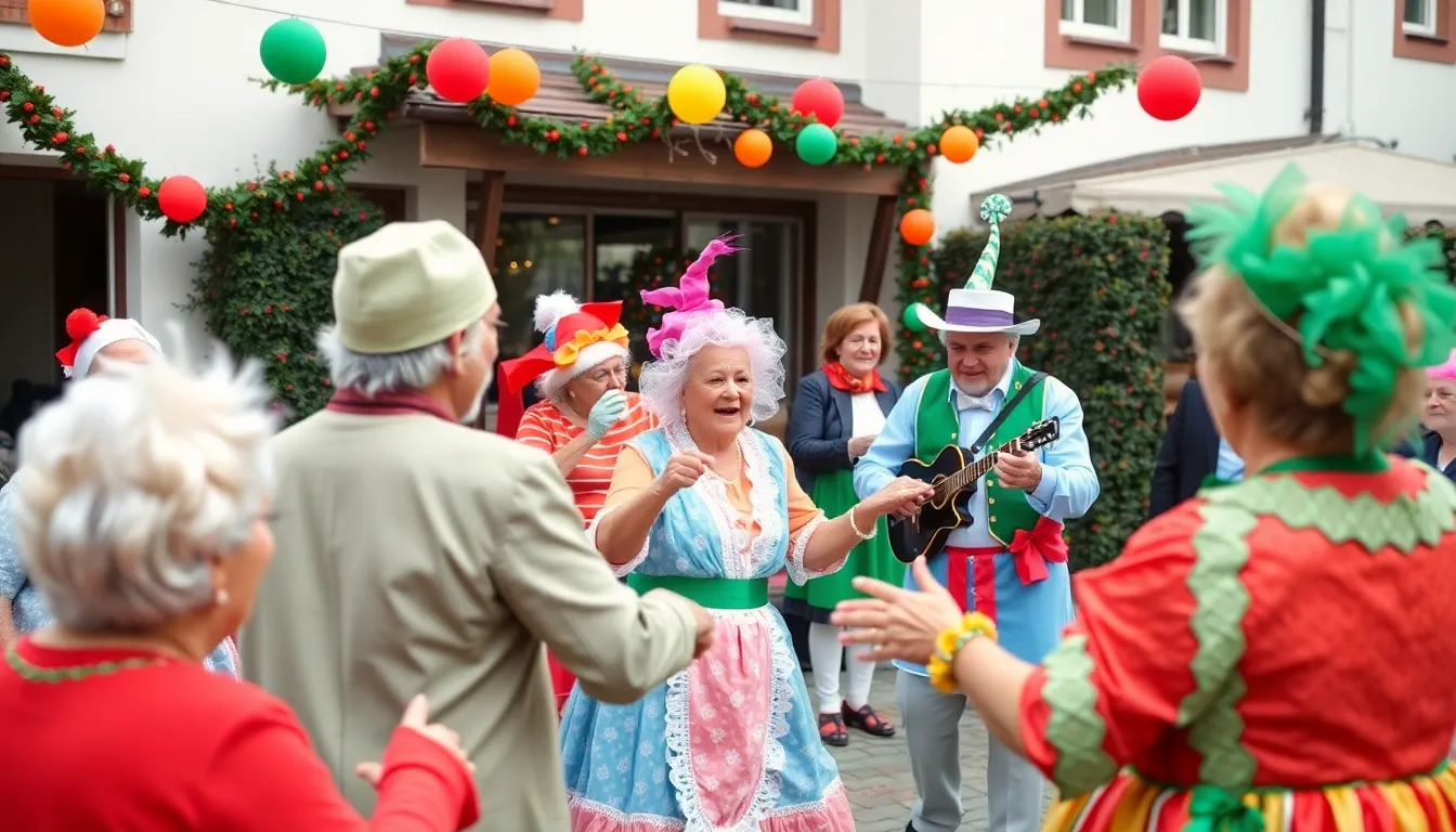 Families and staff gather around to celebrate together, highlighting the importance of connection and support within the retirement home during the lively Carnival festivities