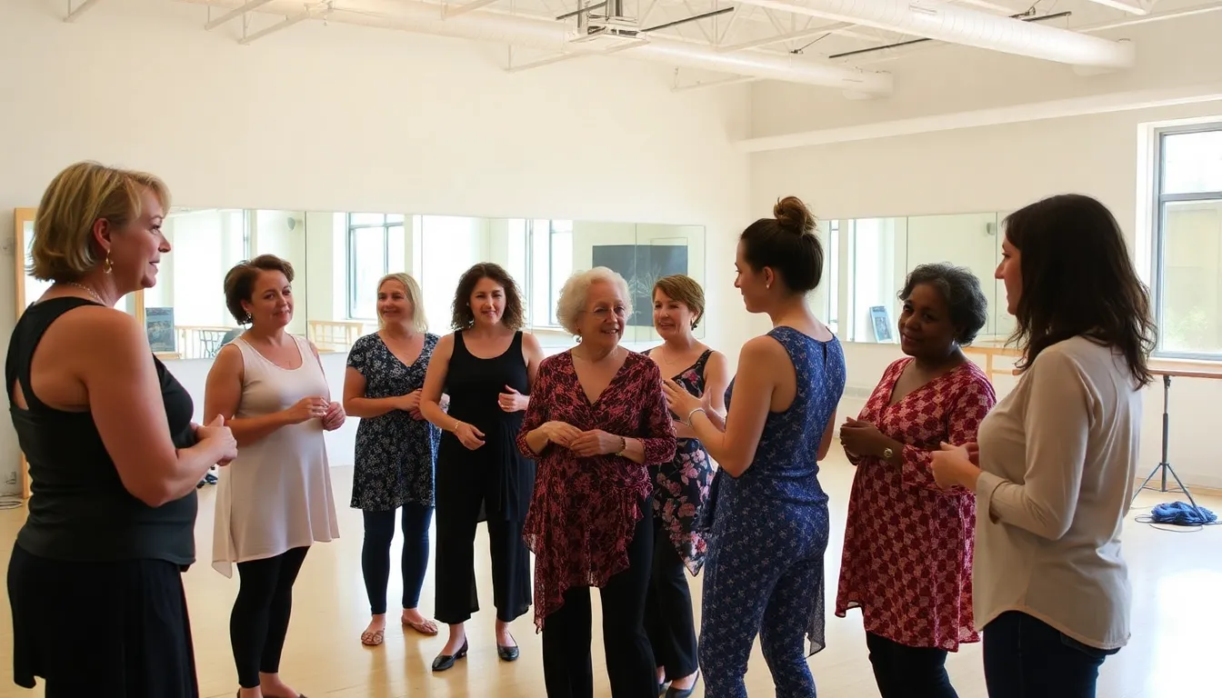 A group of dancers gathers in a studio, sharing memories and celebrating the legacy of Carol Mullins, who profoundly influenced the dance community.