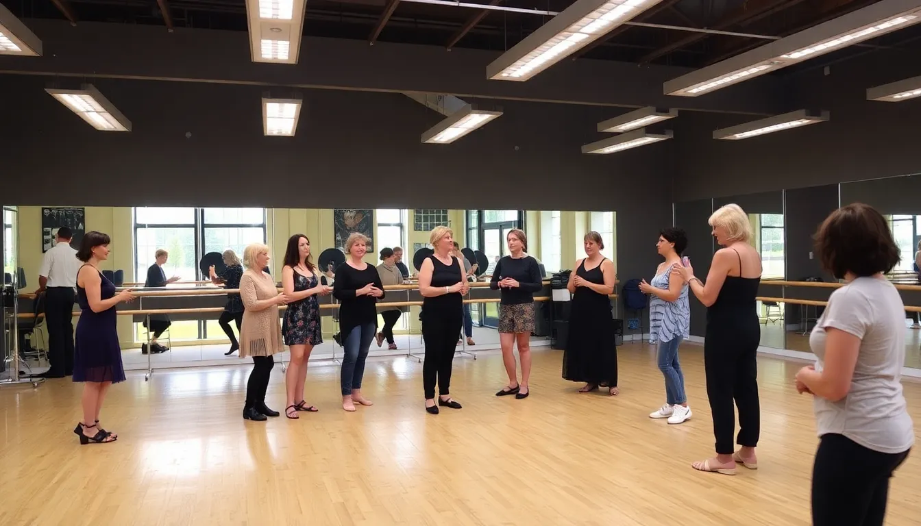 An educational workshop in a dance studio, where instructors emphasize the importance of creativity and selfexpression, inspired by Carol Mullins' teachings